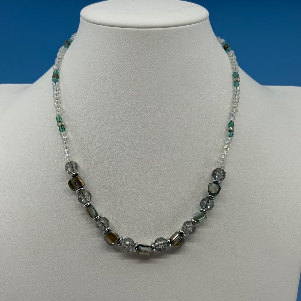 Clear Teal Beaded Necklace Crackle Glass Iridescent Shell Boho Vintage Statement